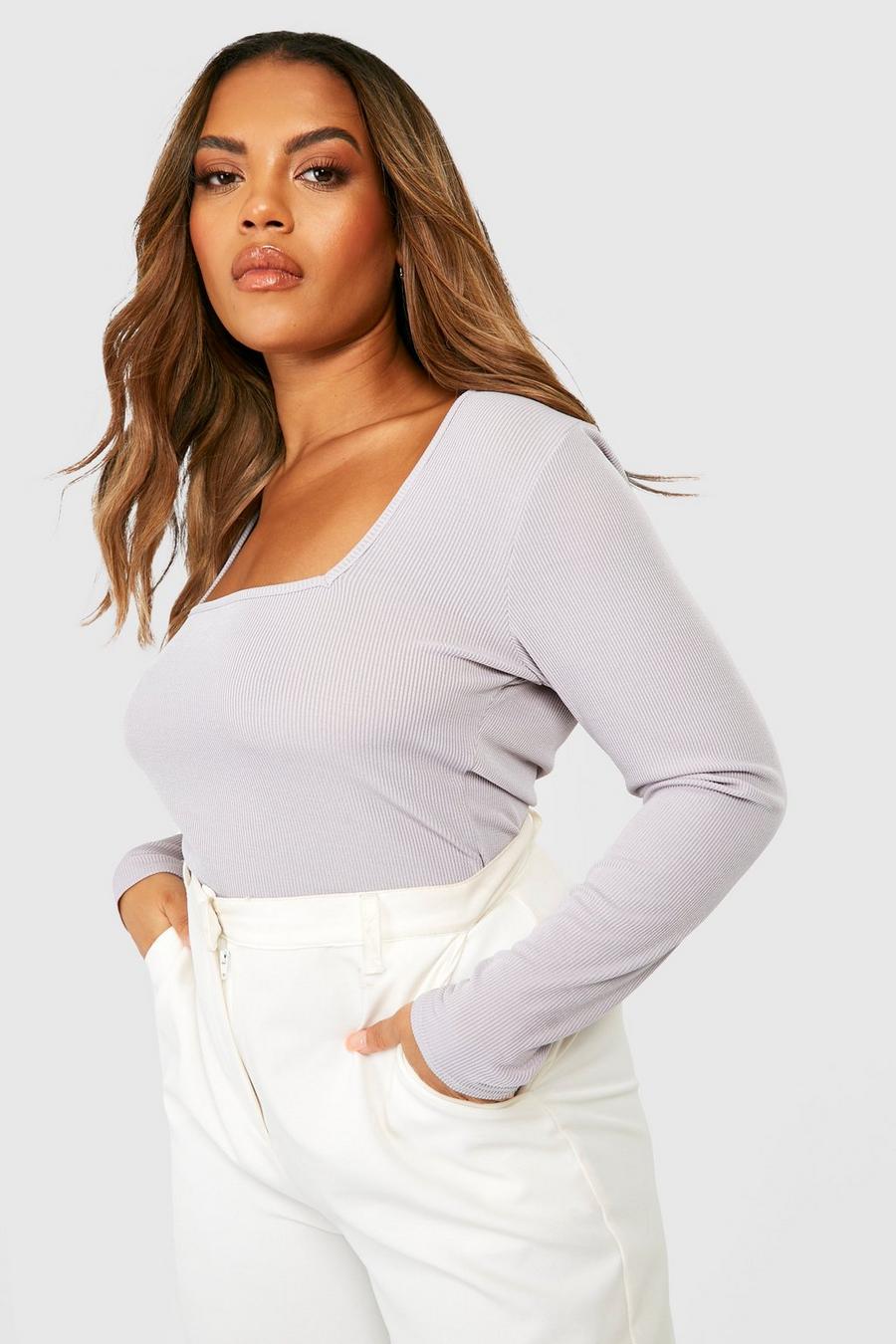 Grey Plus Square Neck Long Sleeve Top  