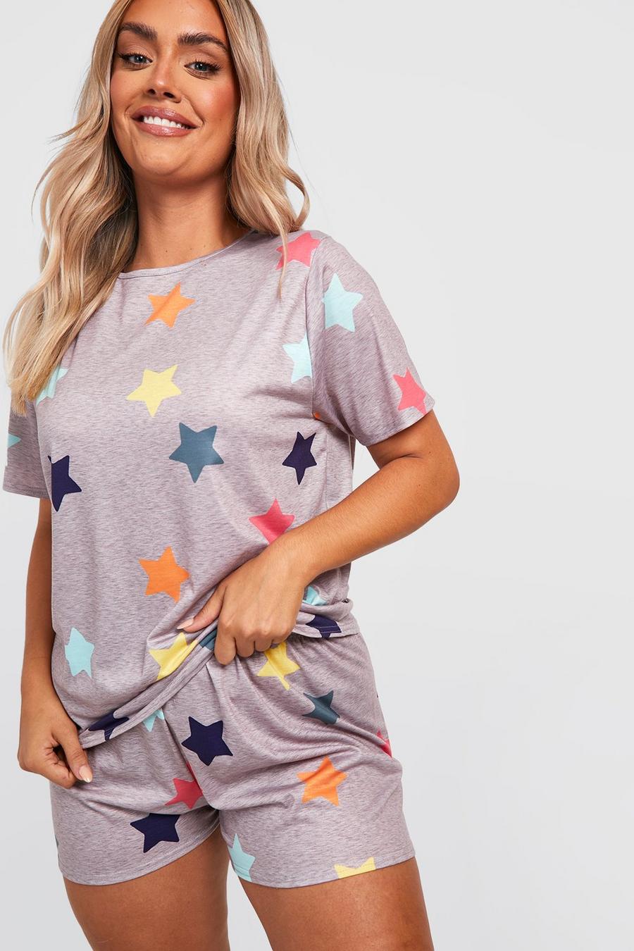 Grey Plus Multicolored Star Graphic T-Shirt & Shorts Pajama Set image number 1
