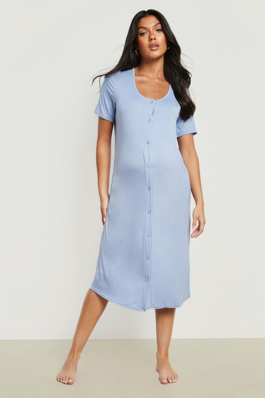 Blue Maternity Midi Button Front Nightgown image number 1