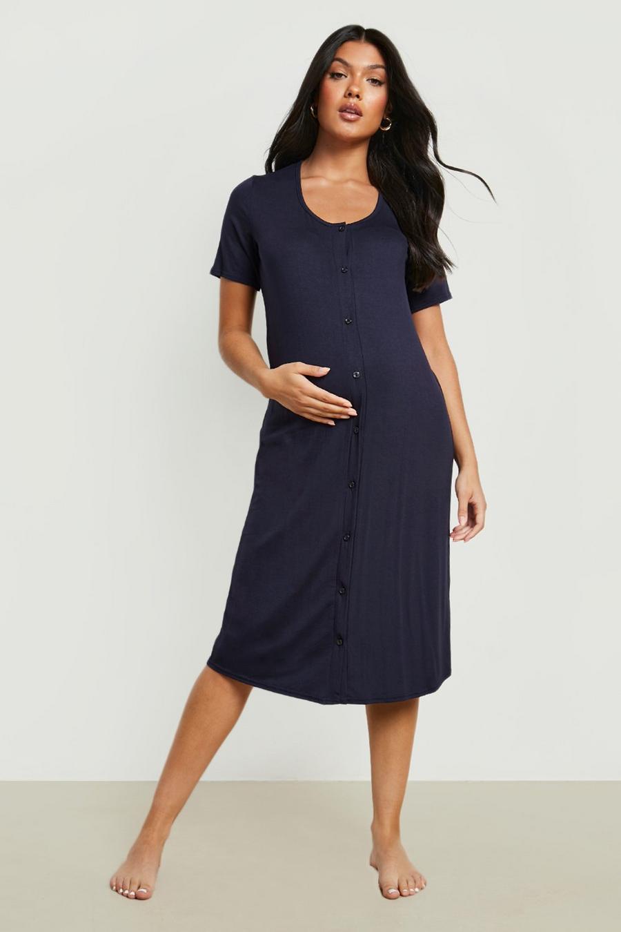 Navy Maternity Midi Button Front Nightgown image number 1