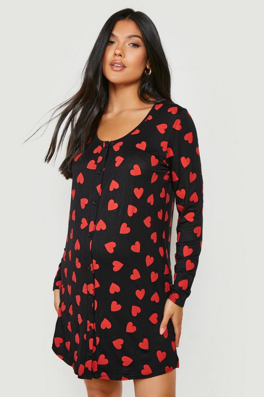 Black Maternity Long Sleeve Button Front Heart Nightgown