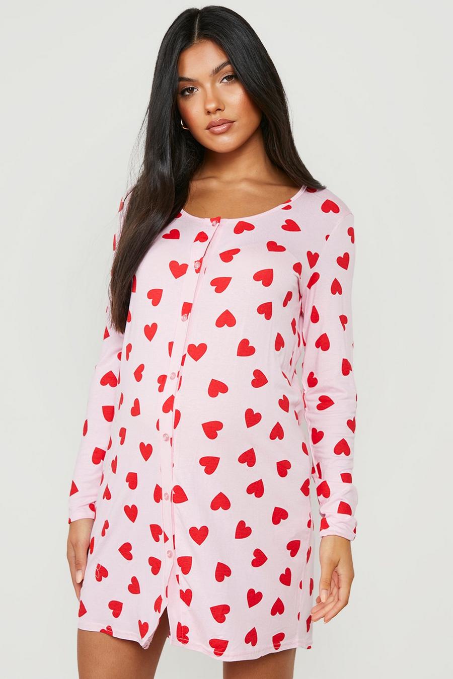 Pink Maternity Long Sleeve Button Front Heart Nightie