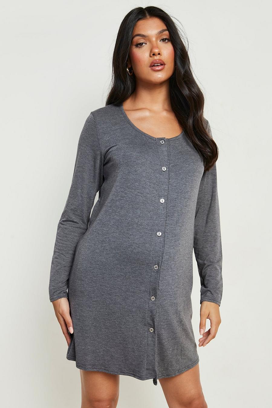 Charcoal grey Maternity Long Sleeve Button Front Nightie