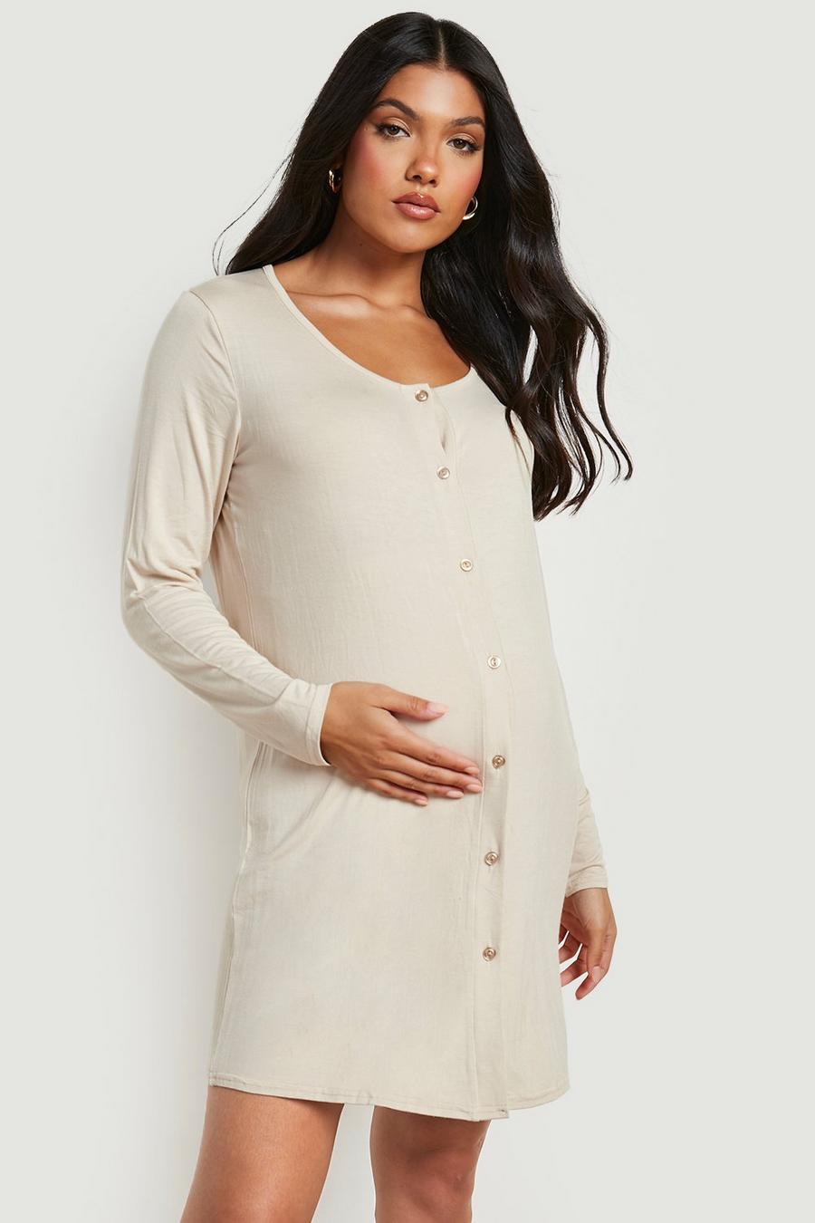 Oatmeal Maternity Long Sleeve Button Front Nightgown image number 1