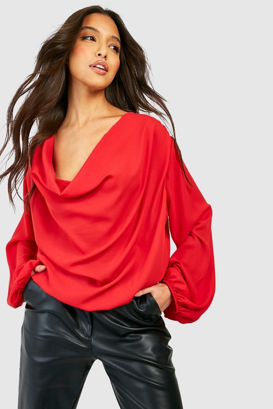 Red Cowl Neck Chiffon Blouse image number 1