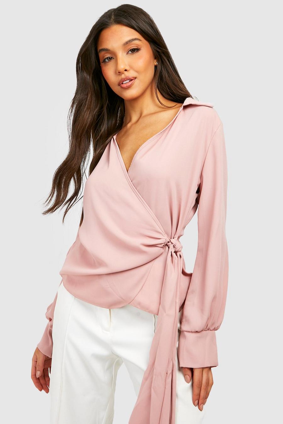 Pink Chiffon Wrap Collared Blouse image number 1