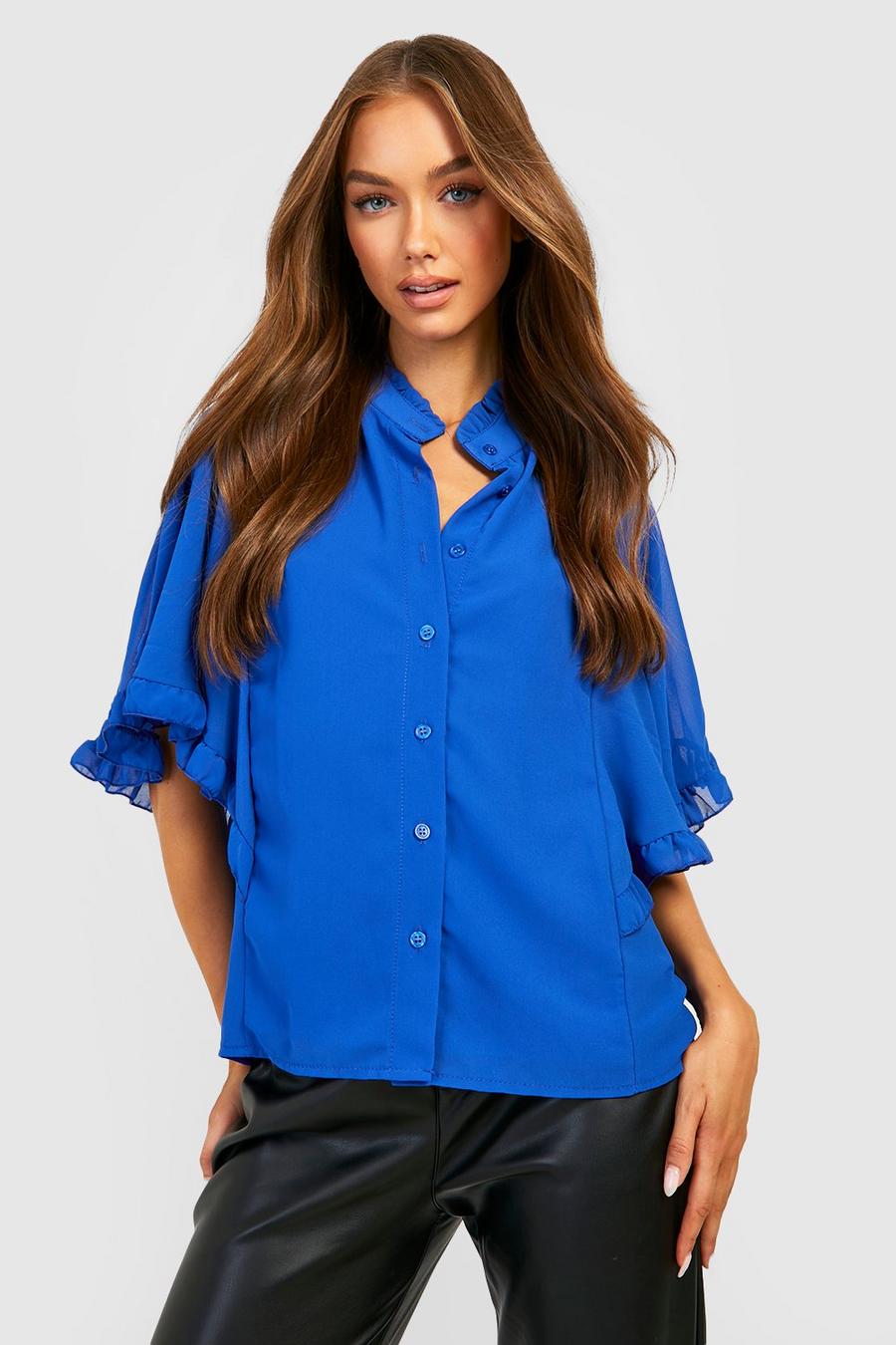 Cobalt Woven Ruffle Angel Sleeve Blouse image number 1