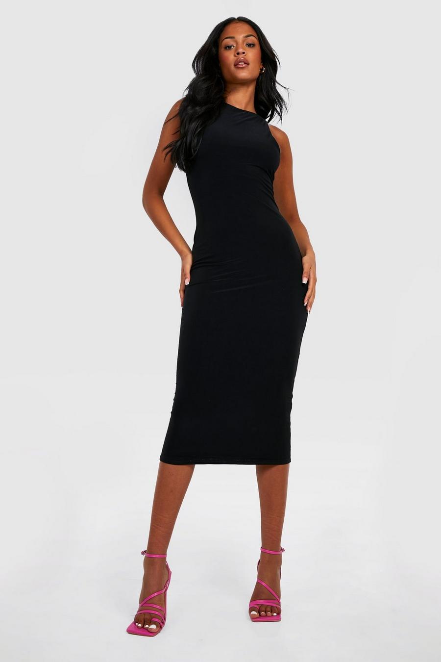 Black Tall Double Layer Slinky Racer Neck Midi Dress image number 1