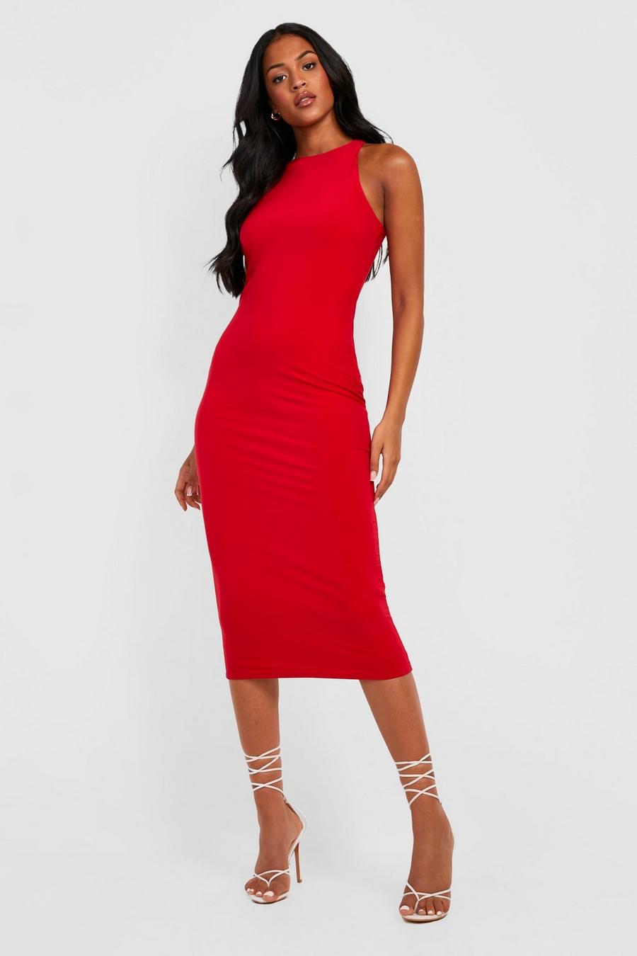 Red Tall Double Layer Slinky Racer Neck Midi Dress image number 1