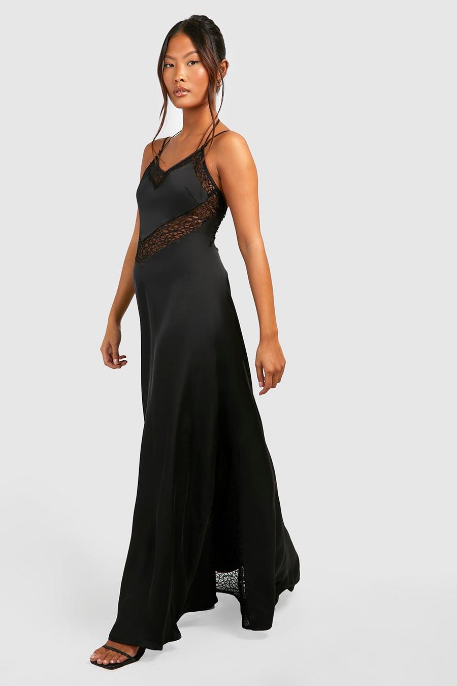 Black Petite Premium Satin Lace Panel Maxi Dress