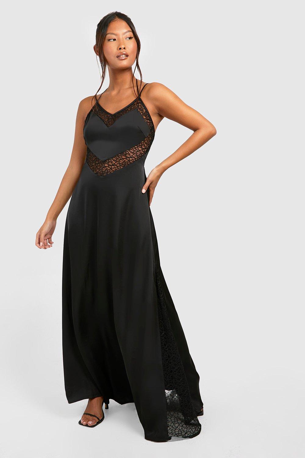 Black Satin Full Back Lace Panel Tie Waist Robe