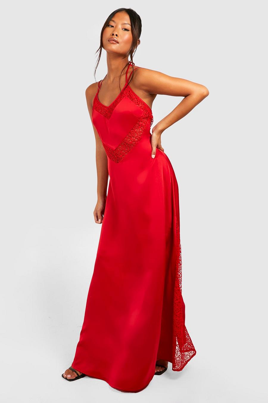 אדום red שמלת מקסי מסאטן פרימיום עם פאנל תחרה, פטיט