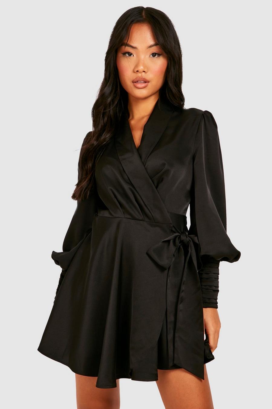 Black Petite Premium Satin Wrap Skater Dress