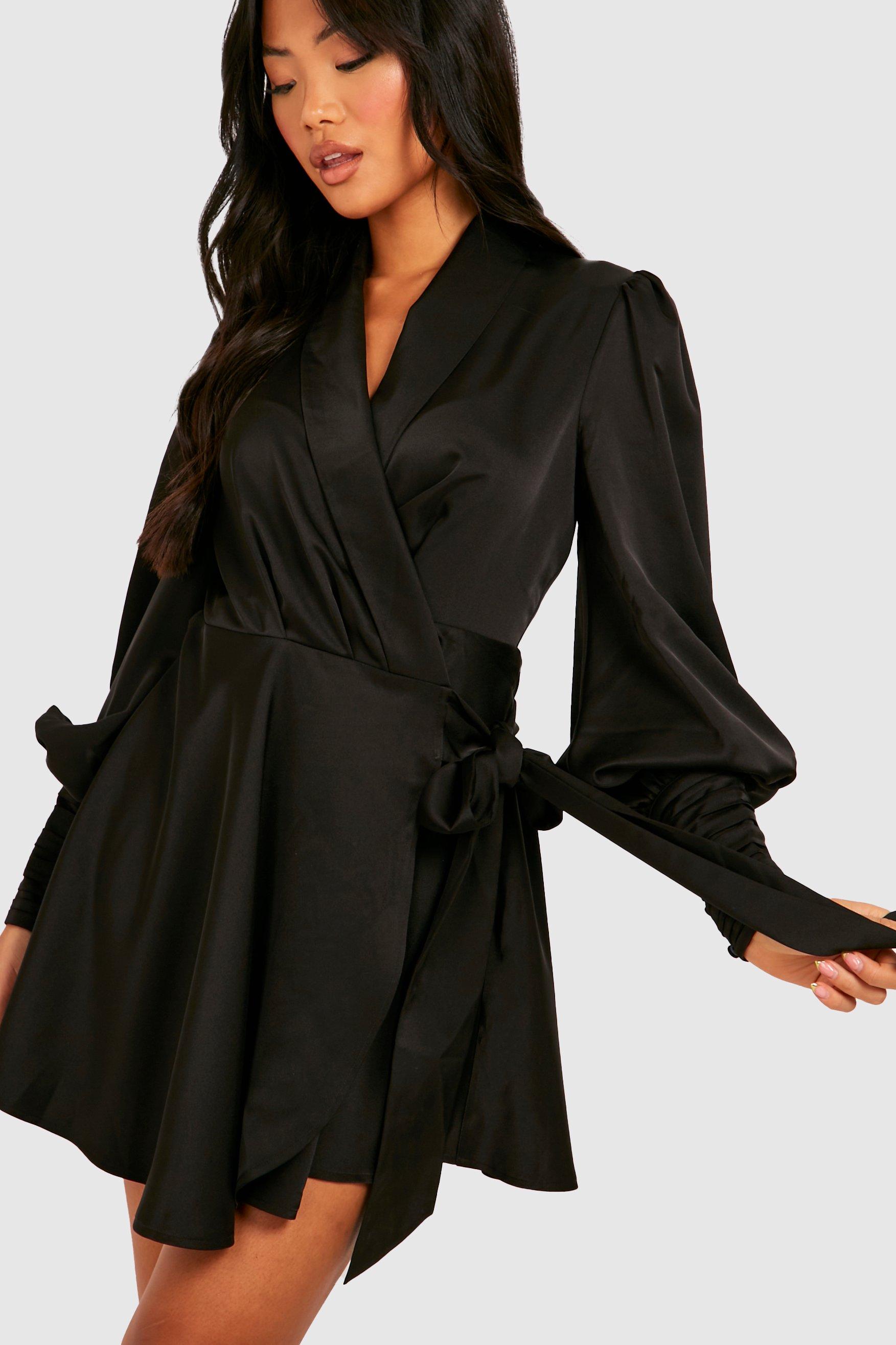 Black Satin Wrap Mini Dress