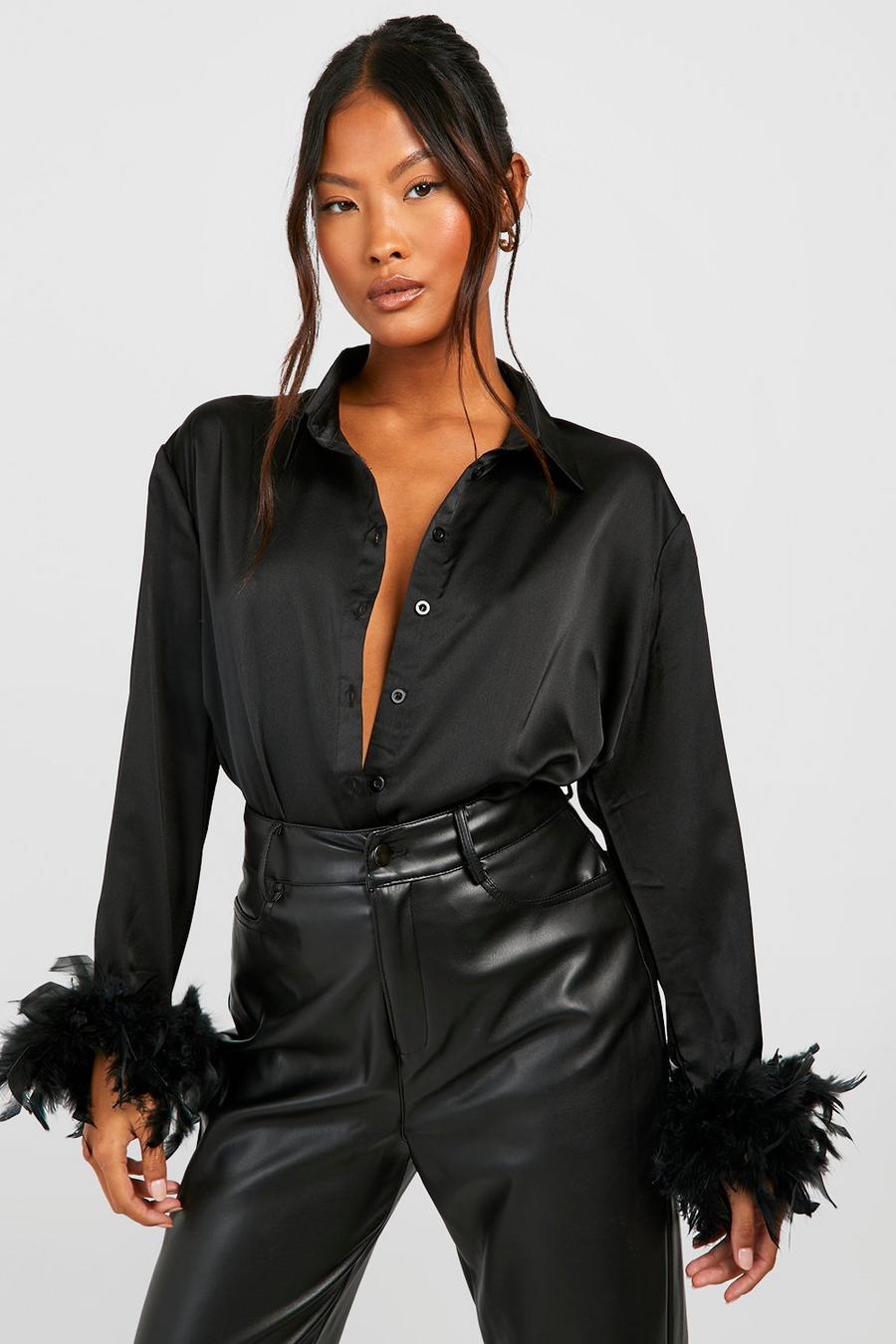 Black Petite Oversized Feather Cuff Shirt image number 1