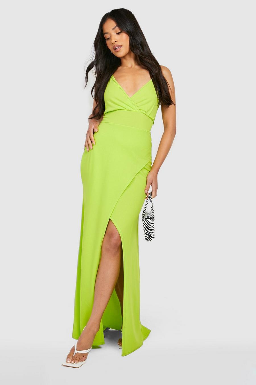 ליים green שמלת ברדו באורך מקסי מבד סקובה עם שסע ברגל ומעטפת בחזית, פטיט