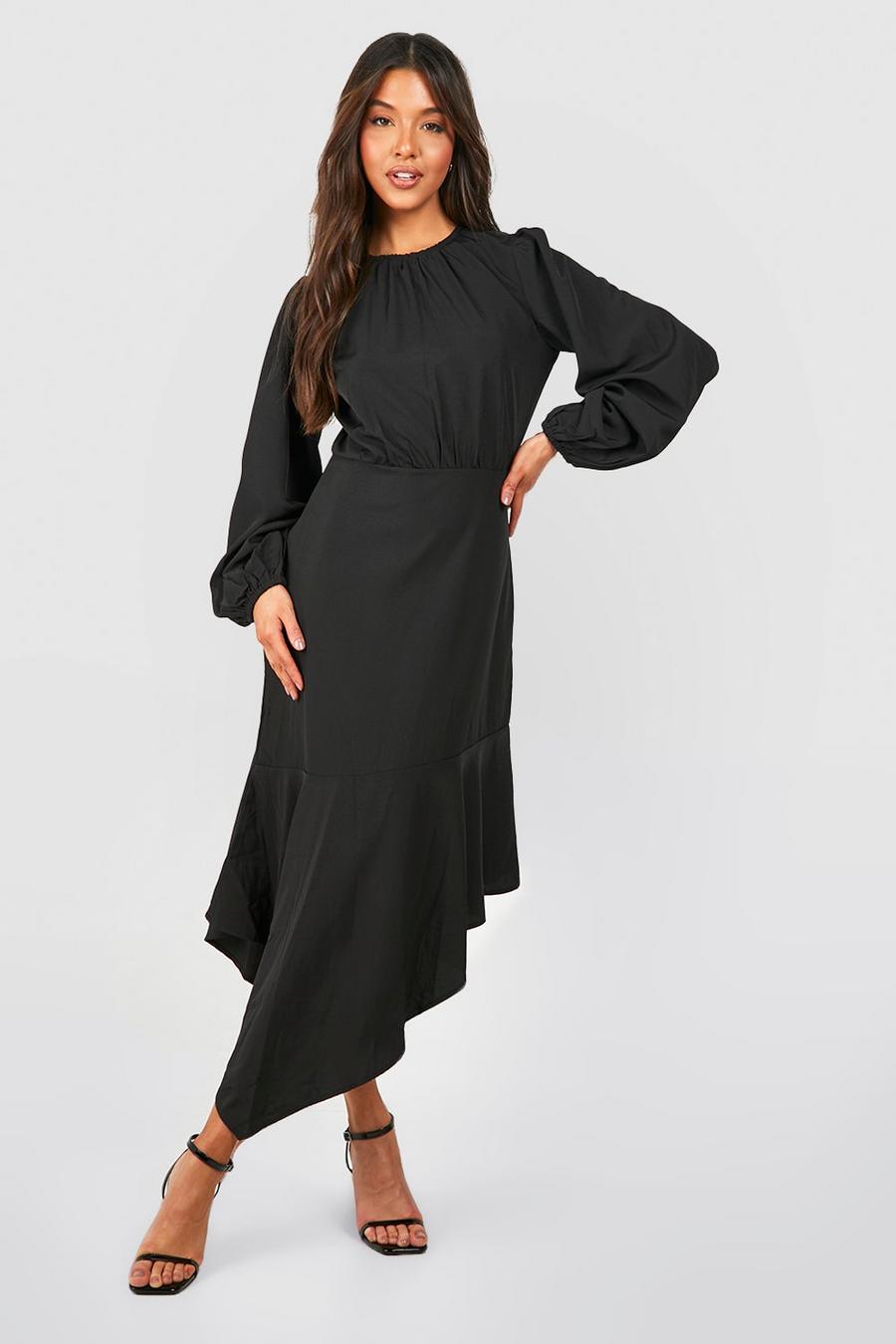 Black Long Sleeve Frill Hem Asymmetric Midi Dress image number 1