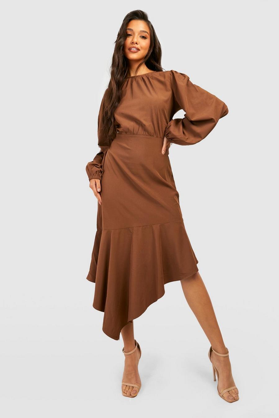 Chocolate Long Sleeve Frill Hem Asymmetric Midi Dress image number 1