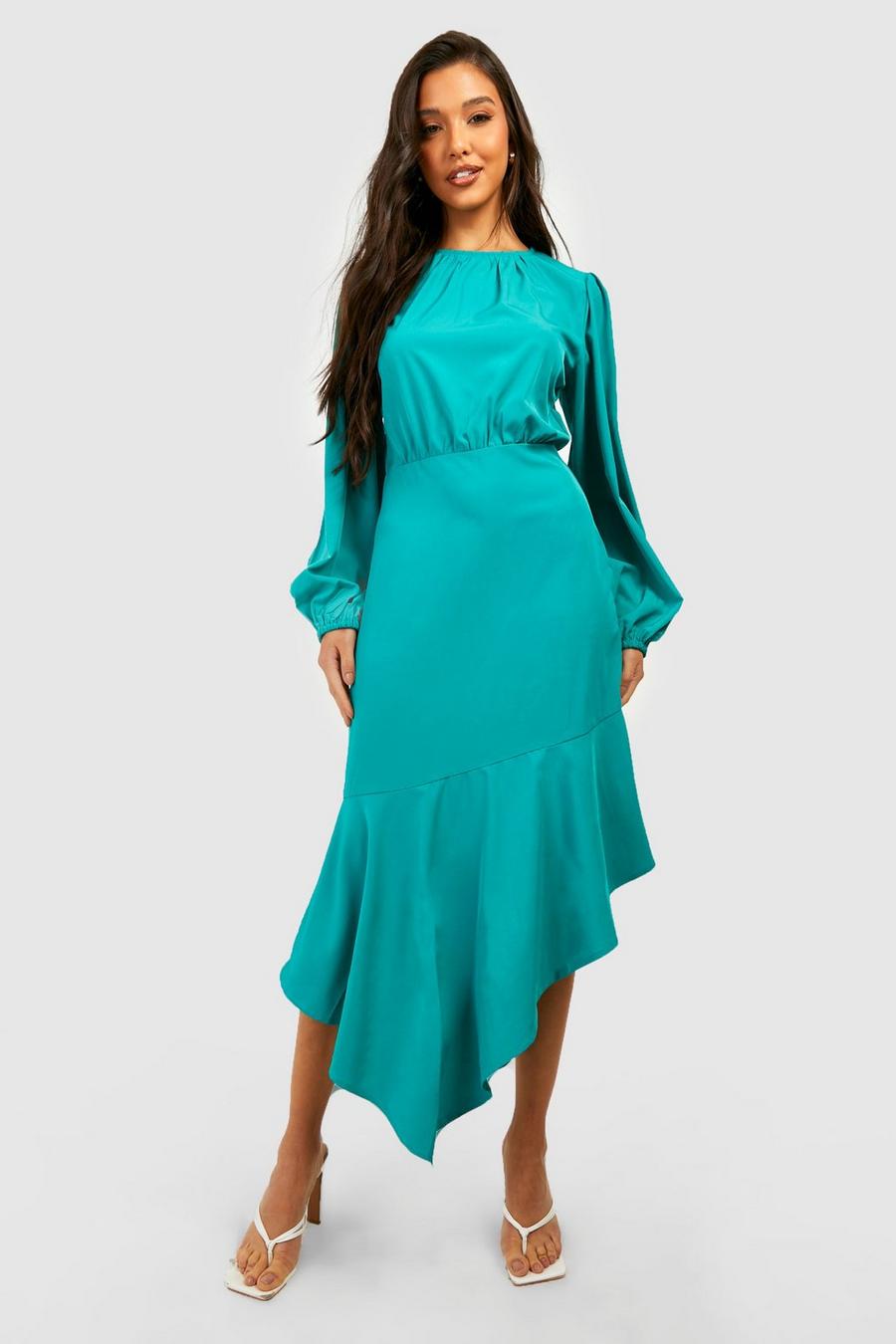Green Long Sleeve Frill Hem Asymmetric Midi Dress
