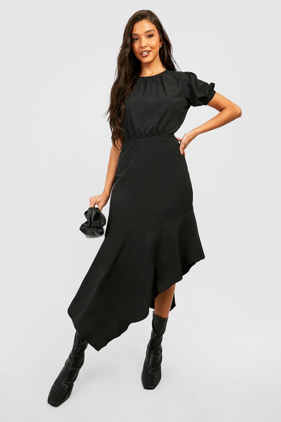 Black Frill Hem Asymmetric Midi Dress image number 1