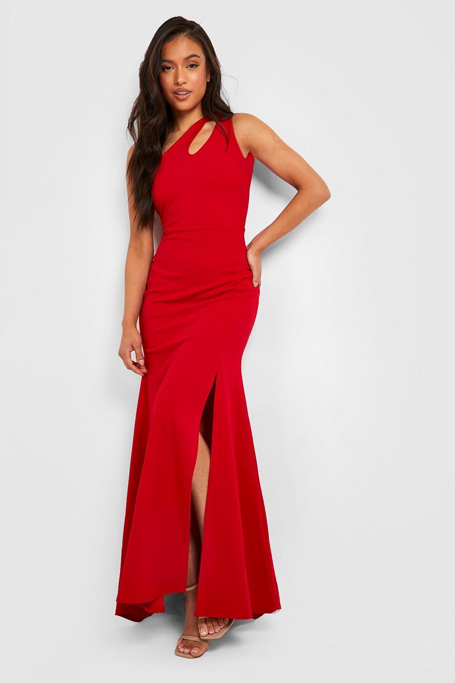 Red Petite Asymmetric Cut Out Split Maxi Dress