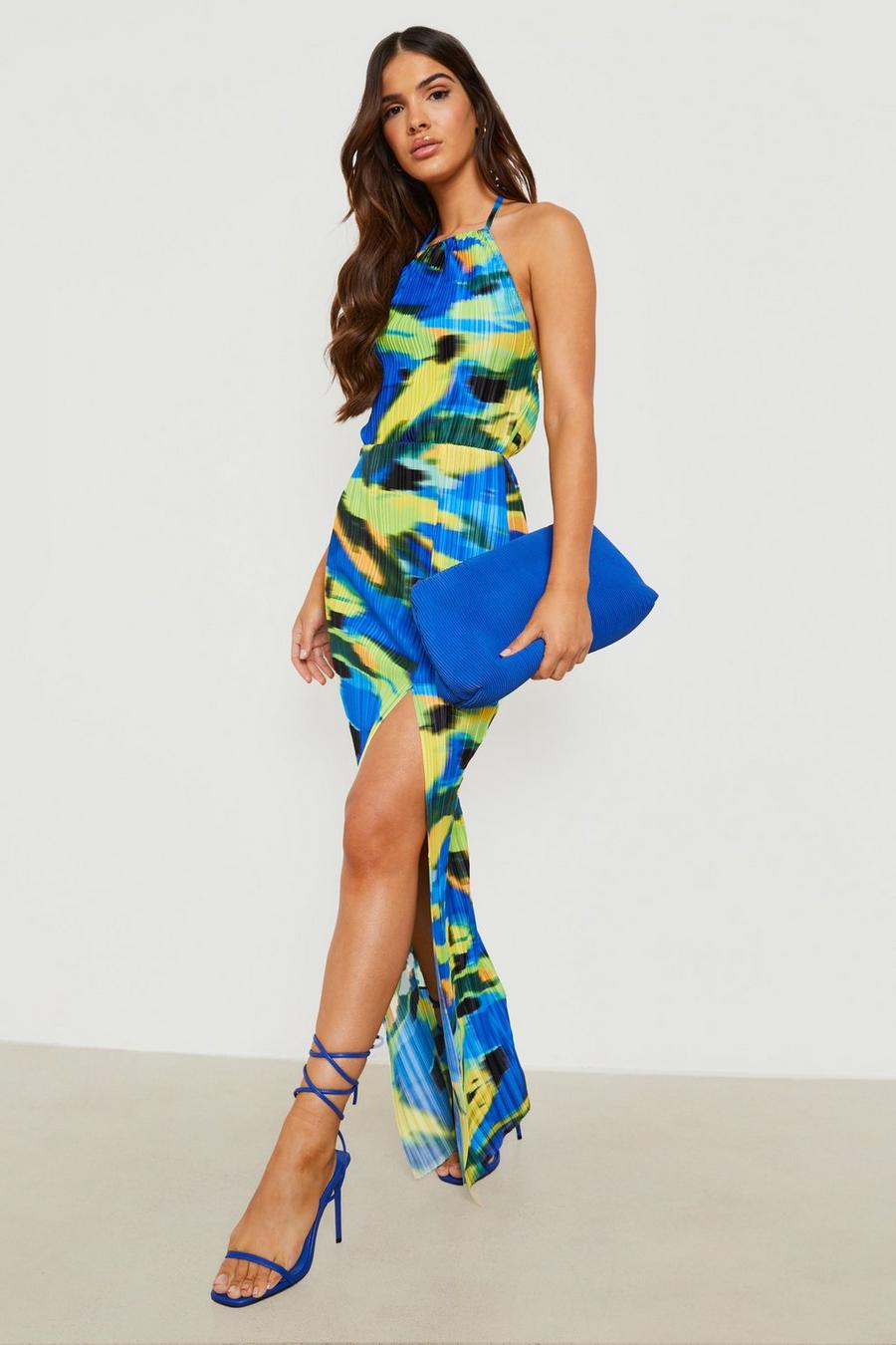 Multi multicolor Abstract Plisse Halterneck Split Maxi Dress