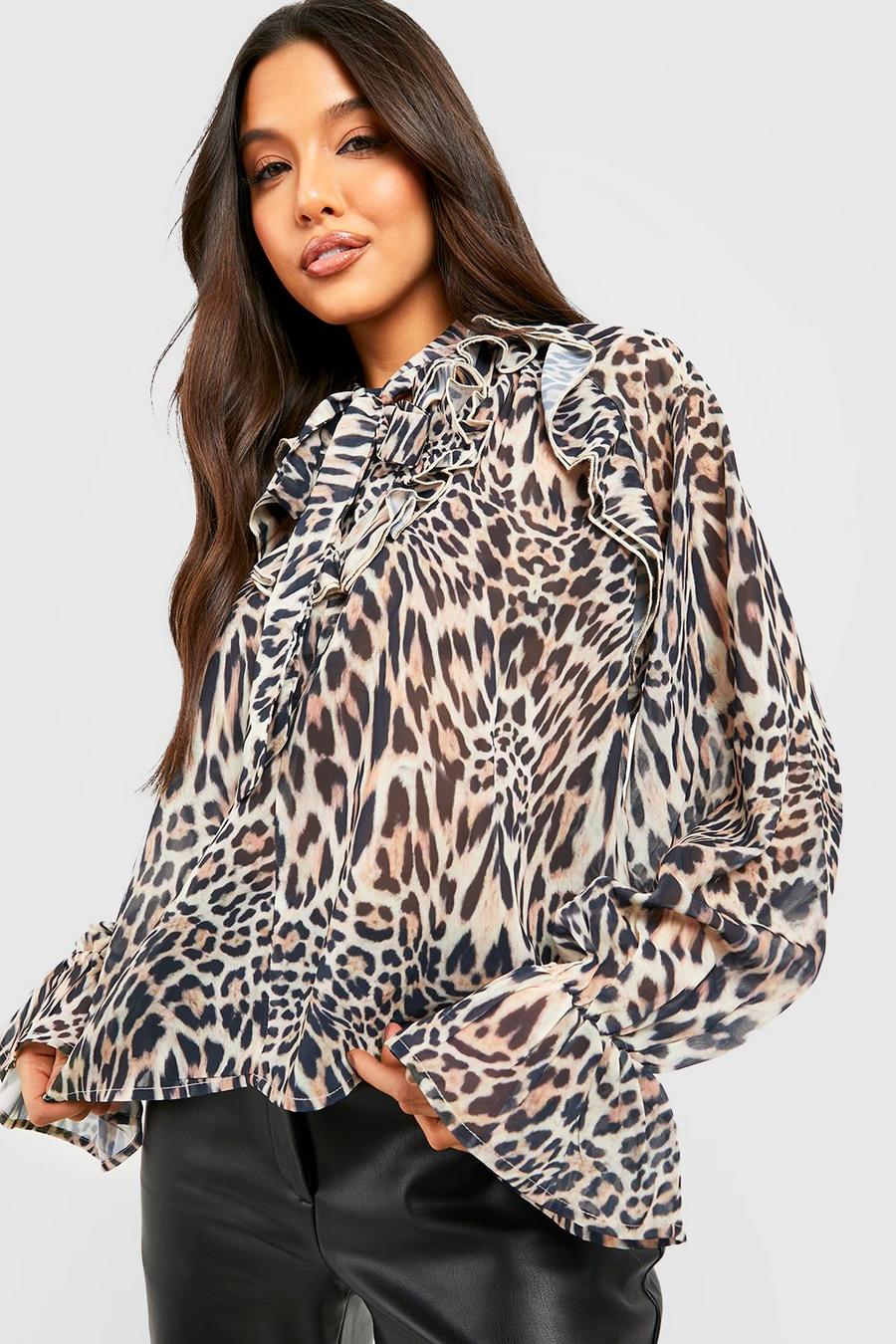 Brown Leopard Pussybow Ruffle Blouse image number 1