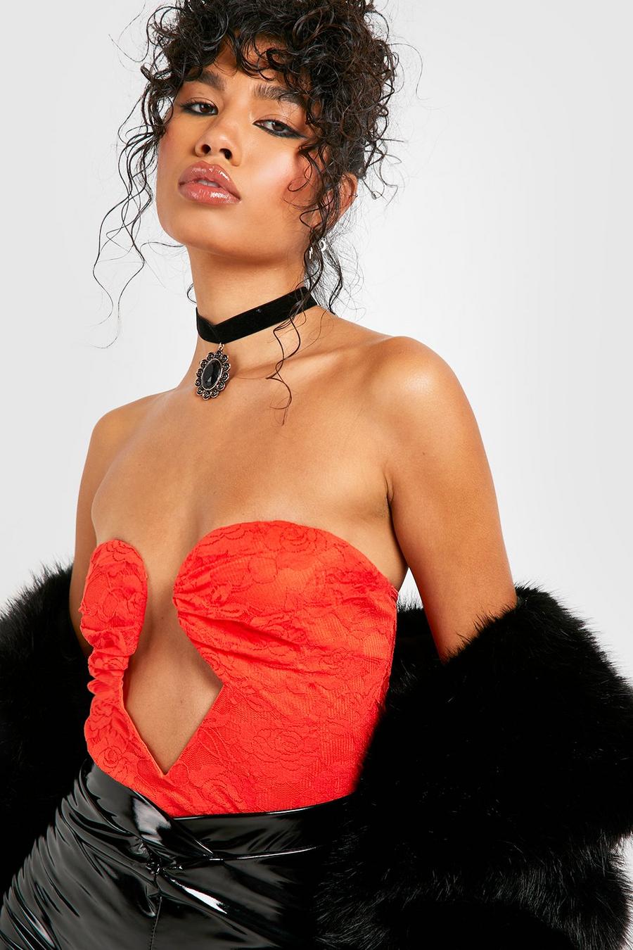 Red Lace Plunge Bodysuit 