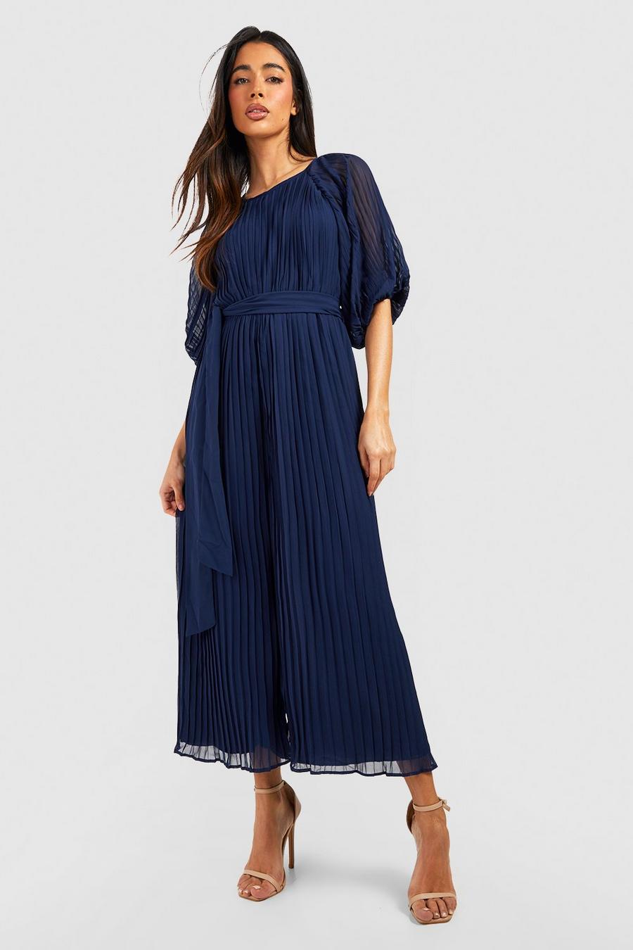 Navy Pleated Puff Sleeve Culotte Jumpsuit image number 1