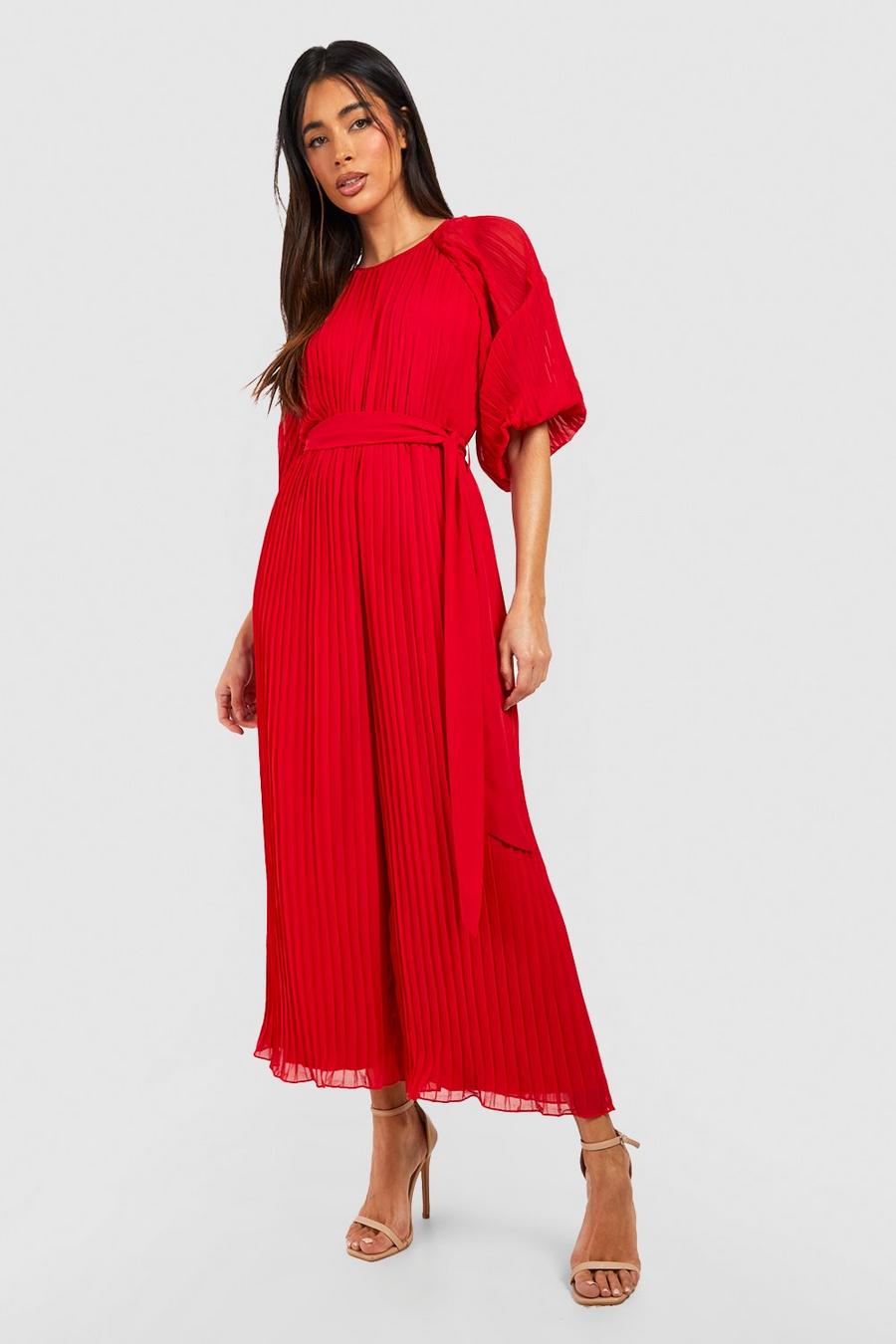 Red Pleated Puff Sleeve Culotte Jumpsuit