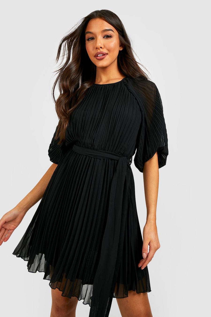 Black Pleated Puff Sleeve Mini Dress image number 1