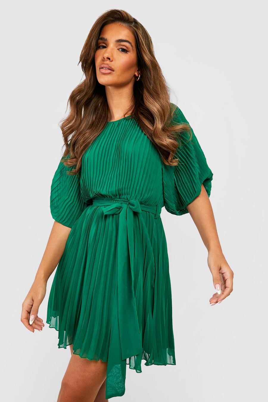 Green Pleated Puff Sleeve Mini Dress image number 1