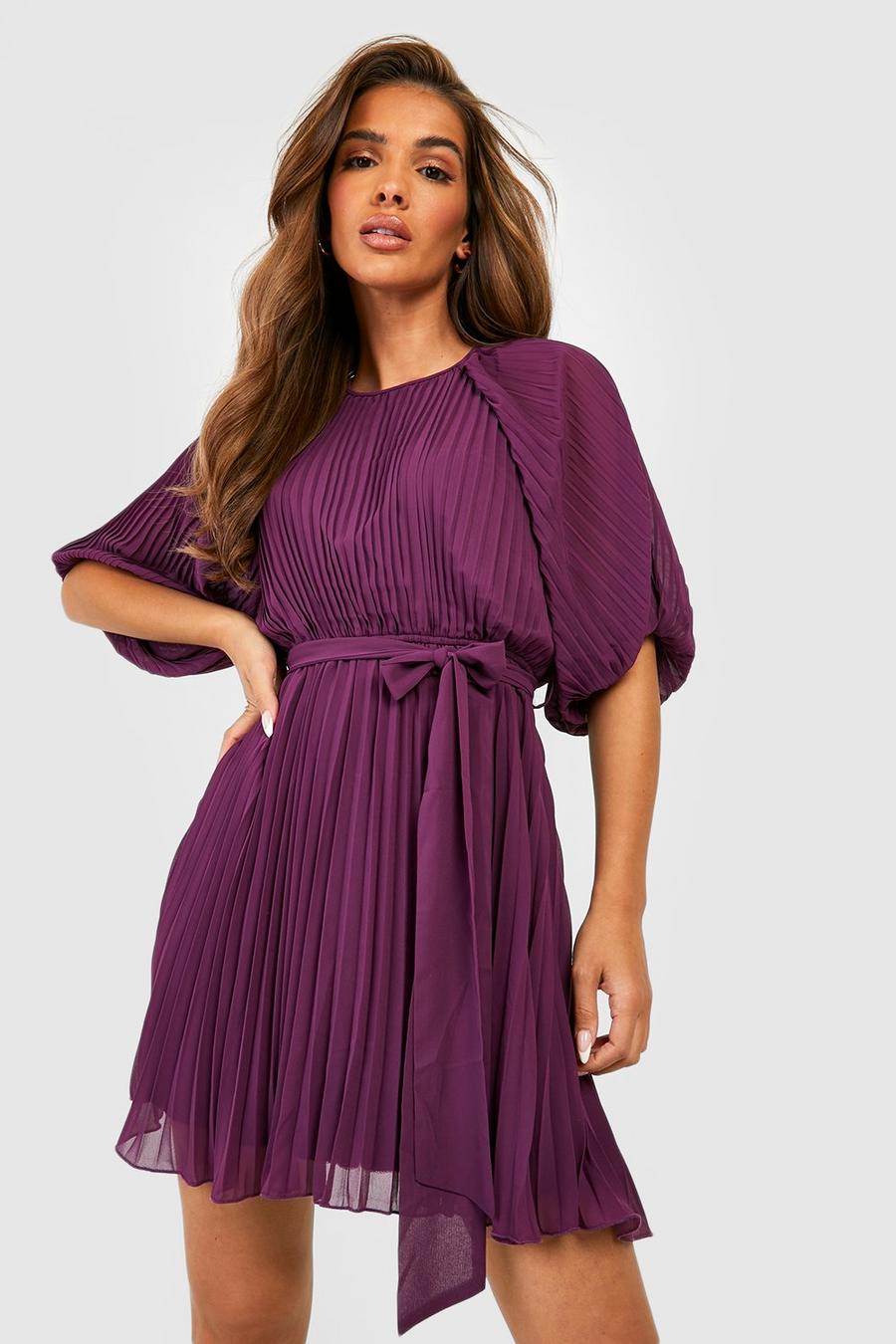 Purple Pleated Puff Sleeve Mini Dress image number 1
