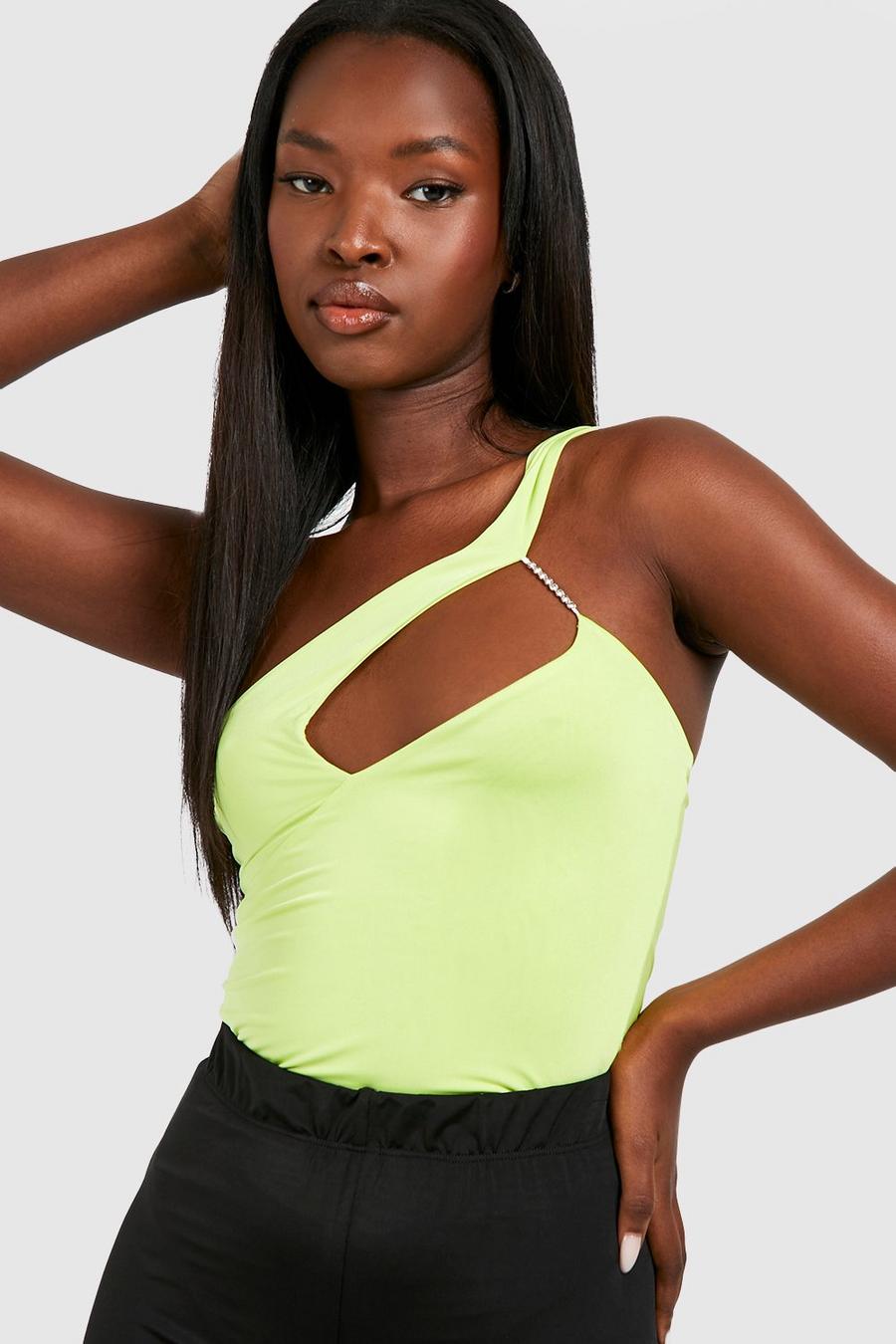 Lime Slinky Diamante Strap Cut Out Bodysuit  image number 1