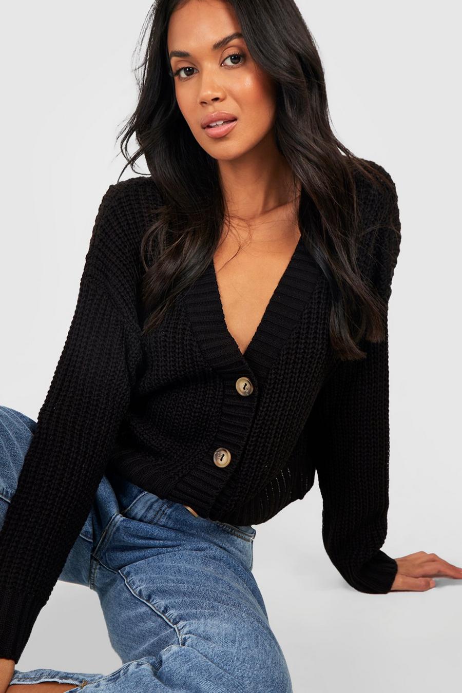 Black Chunky Knit Cropped Cardigan image number 1