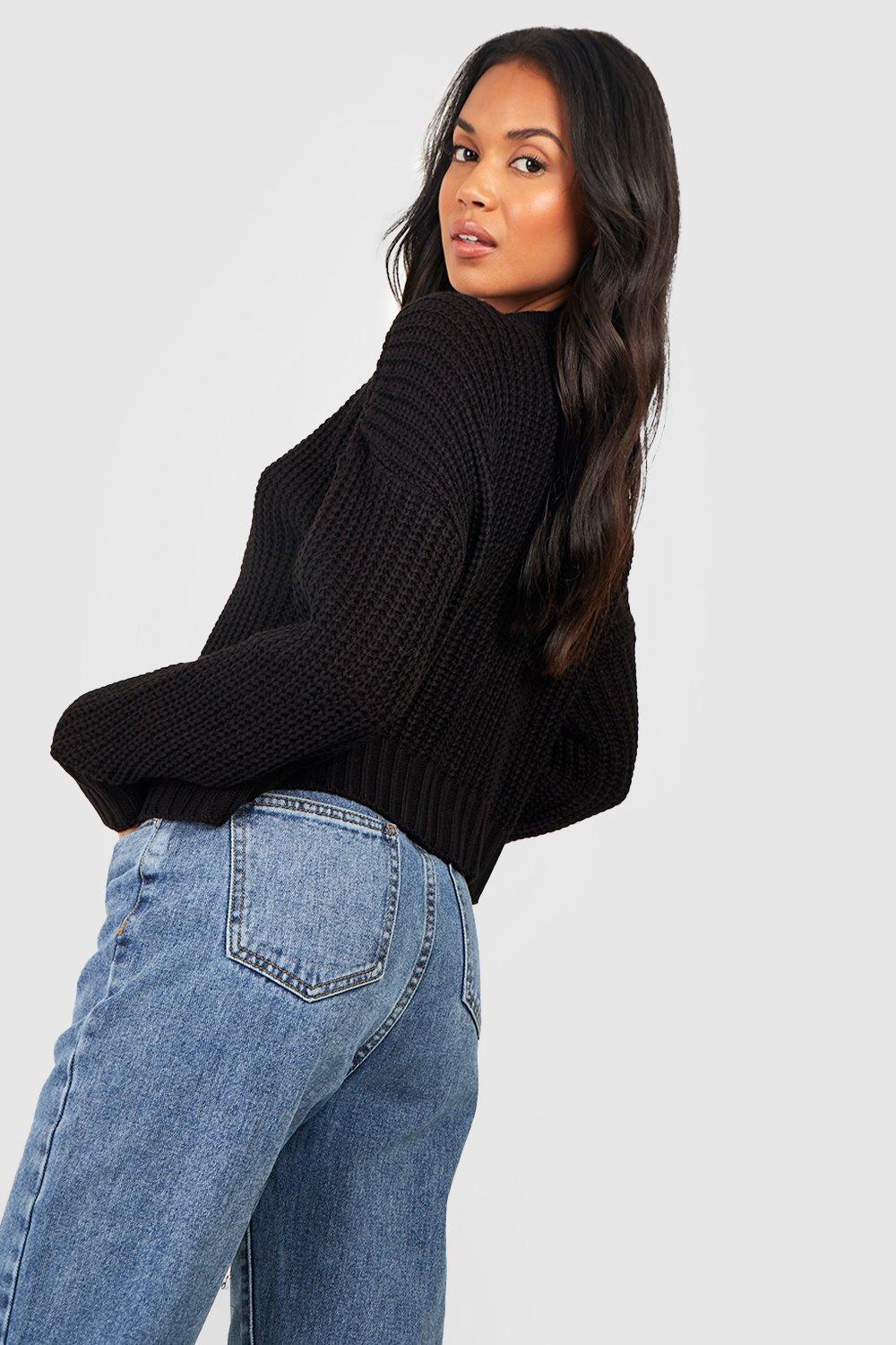 boohoo Chunky Knit Cropped Cardigan - Black - Size M