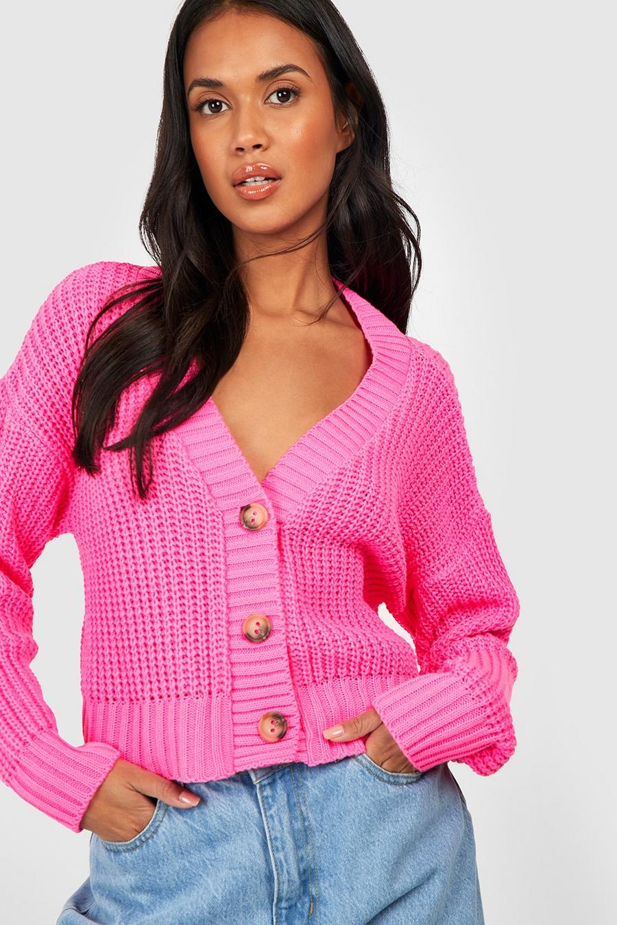 Hot pink Chunky Knit Cropped Cardigan