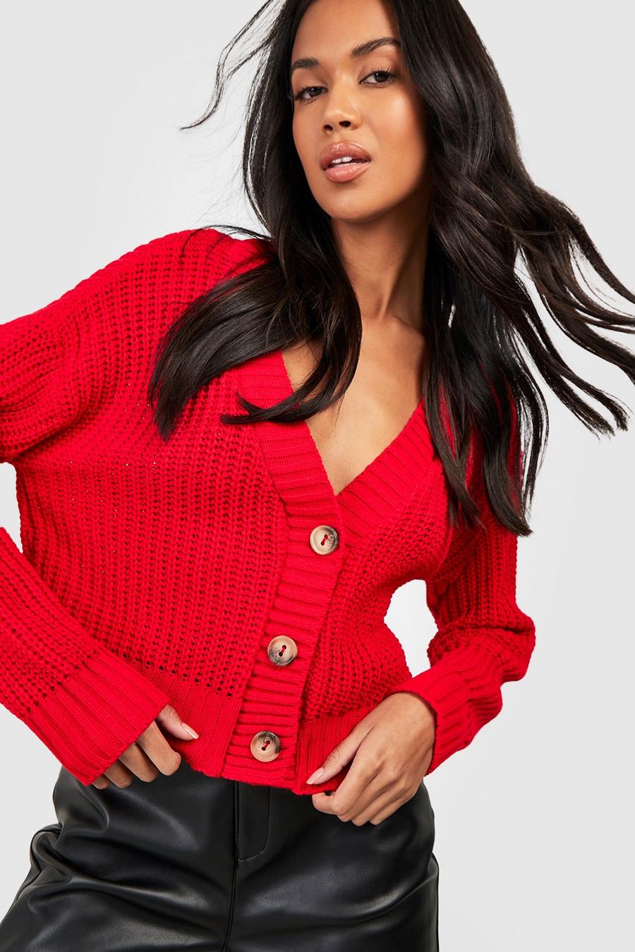 Red Chunky Knit Cropped Cardigan