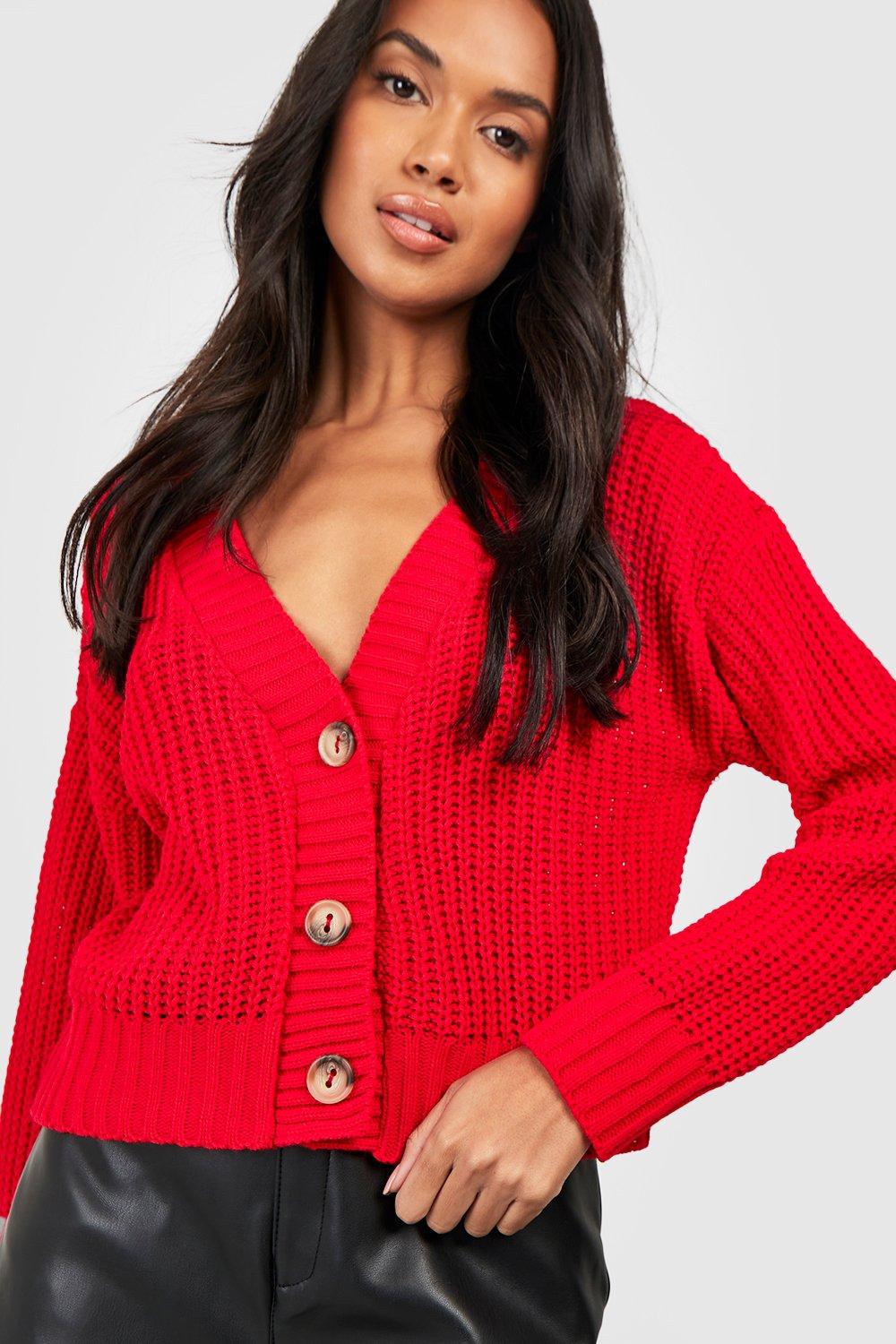 boohoo Chunky Knit Cropped Cardigan - Black - Size M