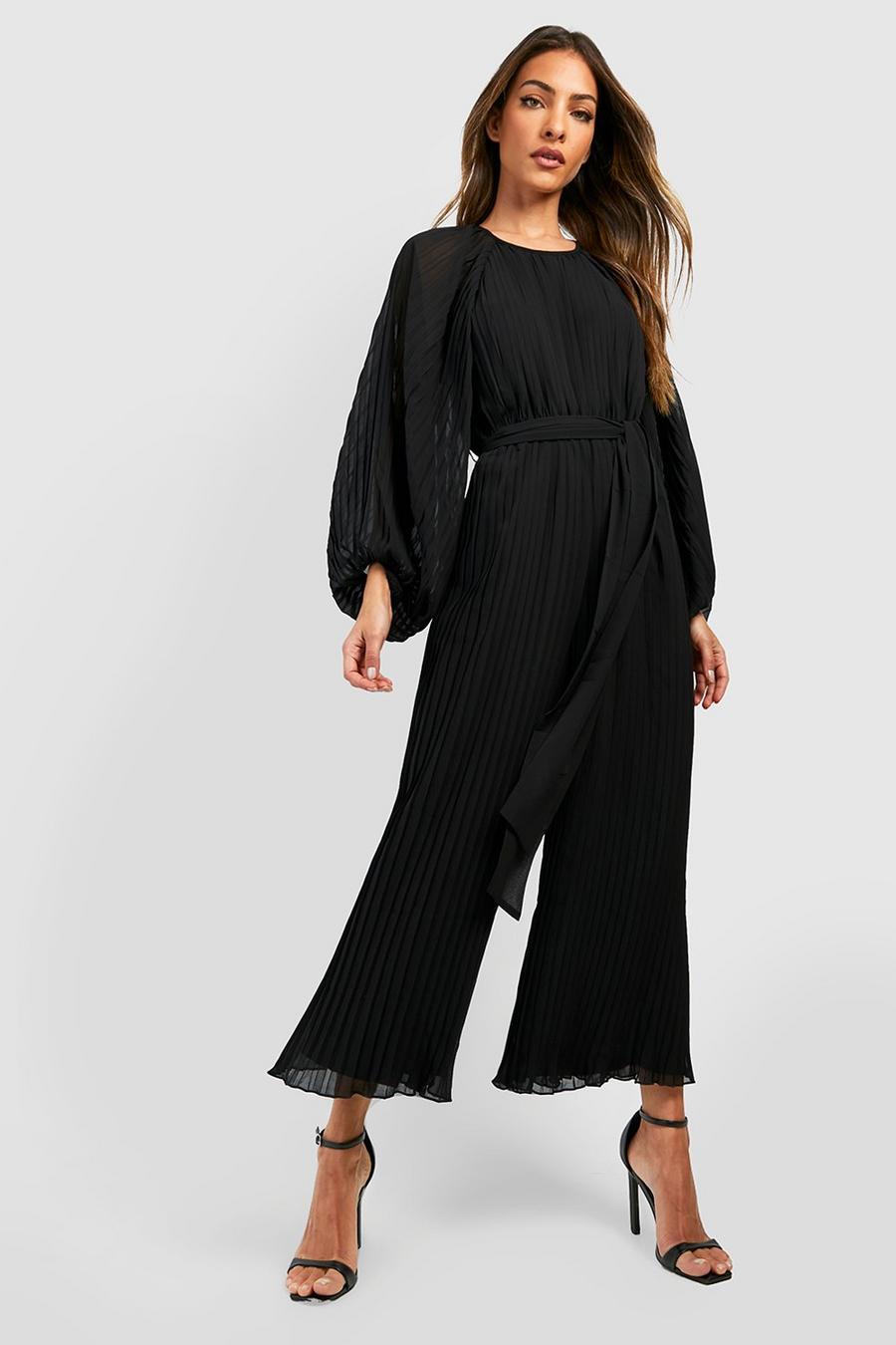 Black Pleated Long Sleeve Culotte Jumpsuit image number 1
