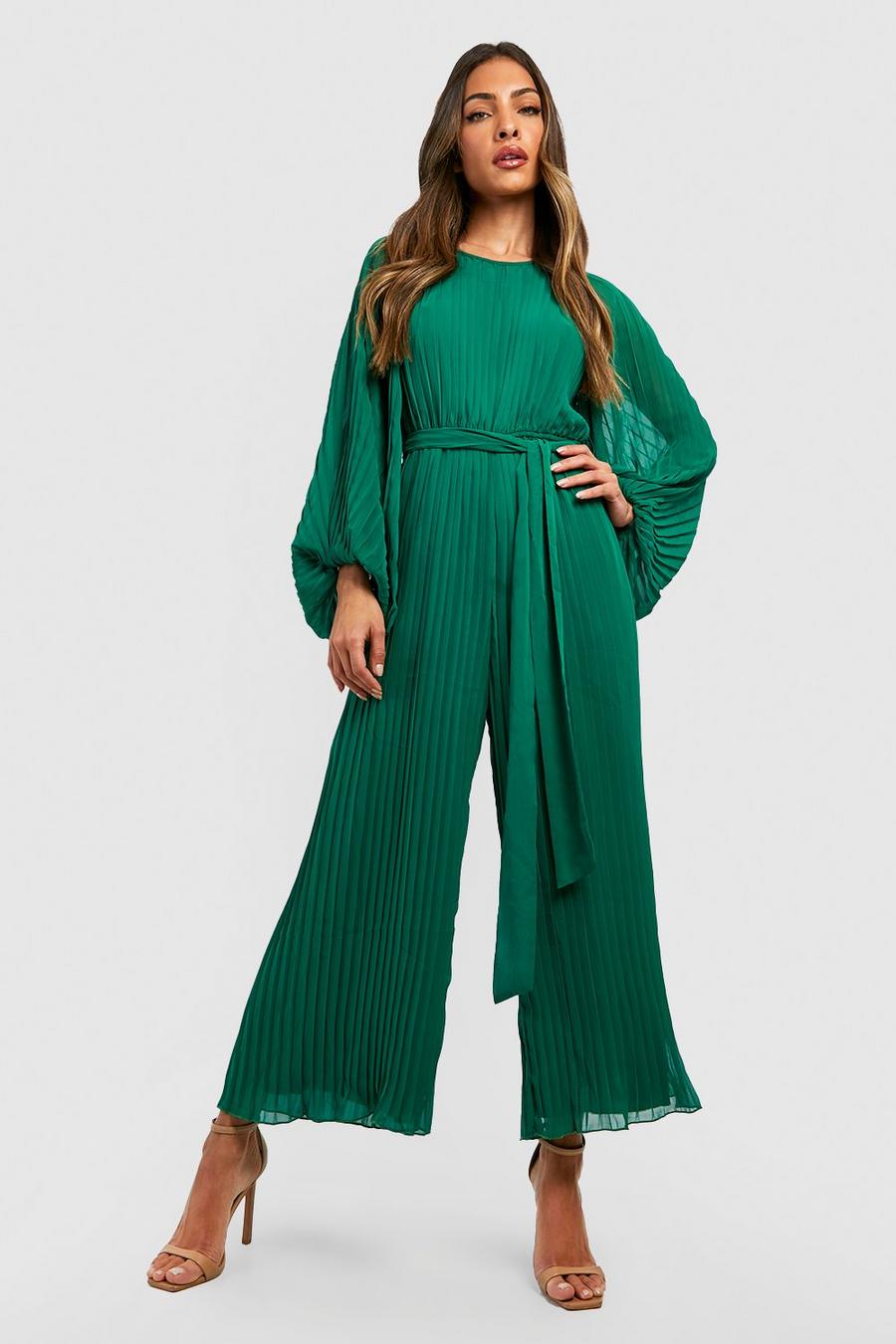 Green Pleated Long Sleeve Culotte Jumpsuit image number 1
