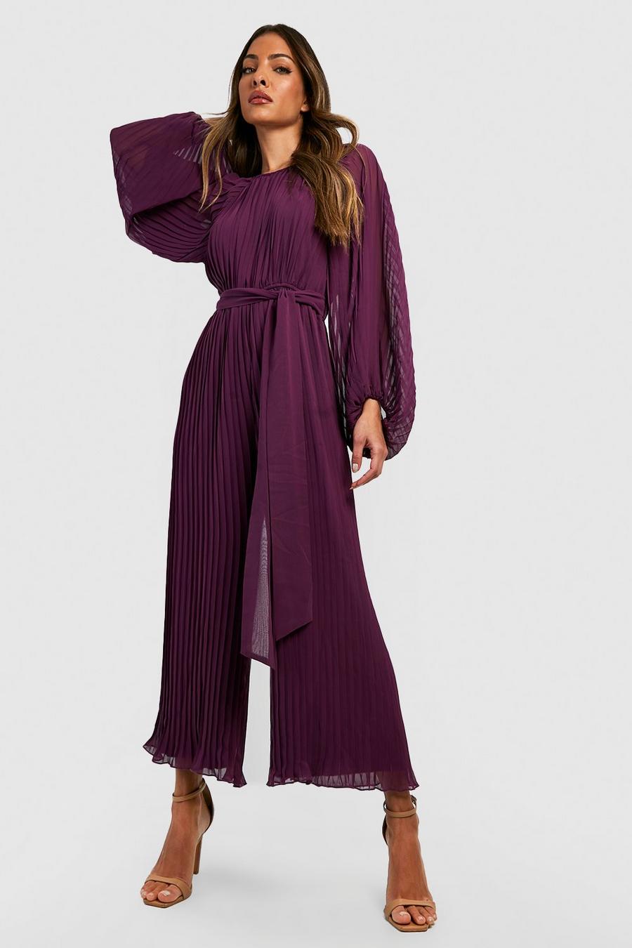 Purple Plisserad långärmad jumpsuit med vida ben image number 1