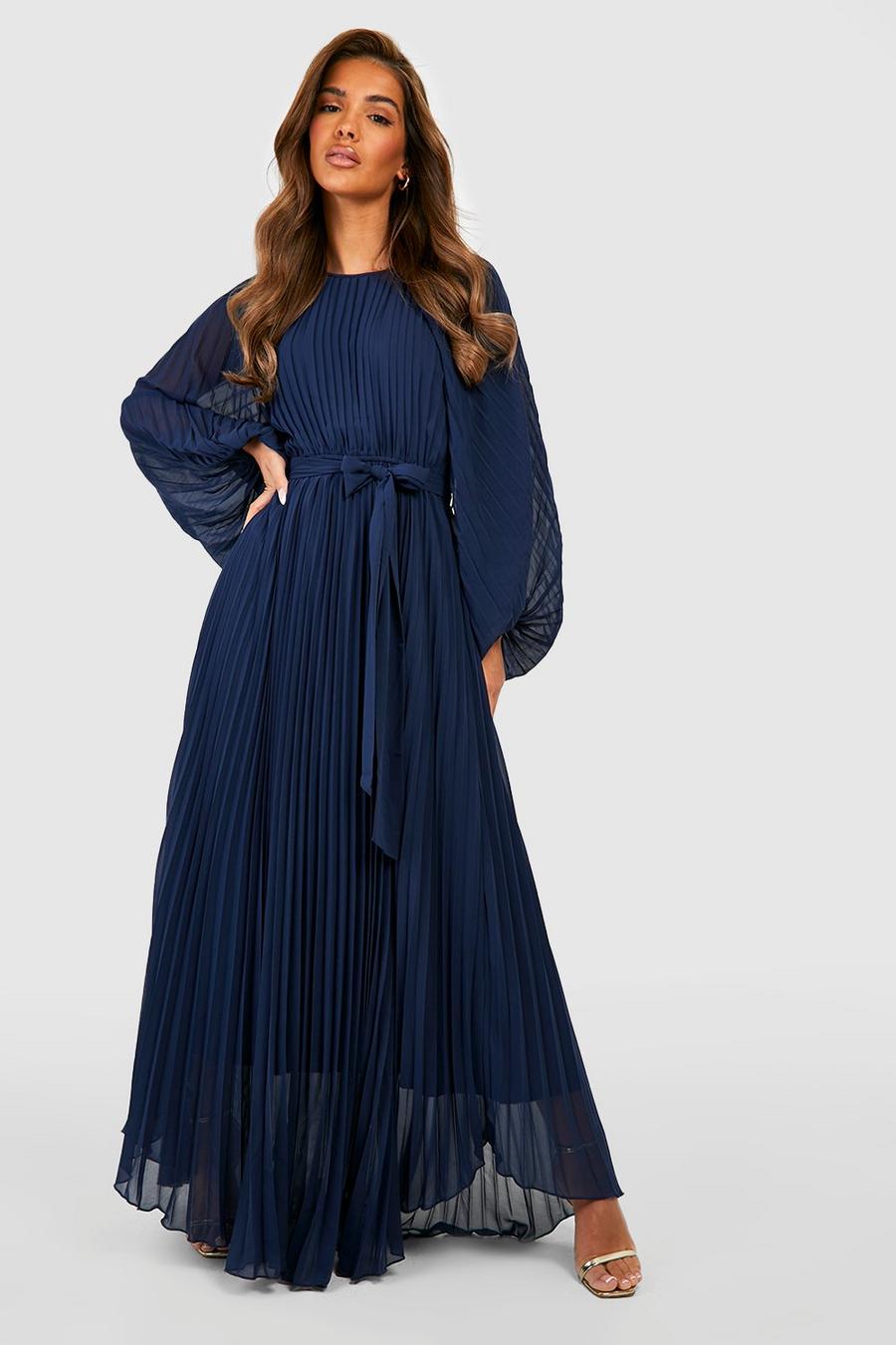 Navy Pleated Long Sleeve Maxi Dress image number 1