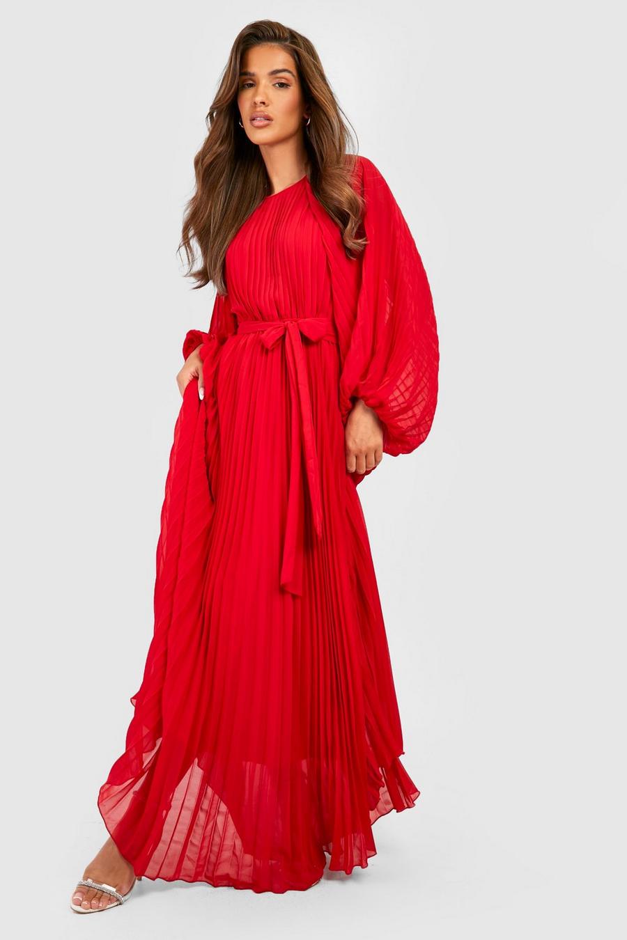 Red Pleated Long Sleeve Maxi Dress