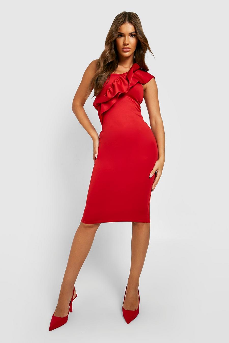 Red One Shoulder Ruffle Midi Dress image number 1