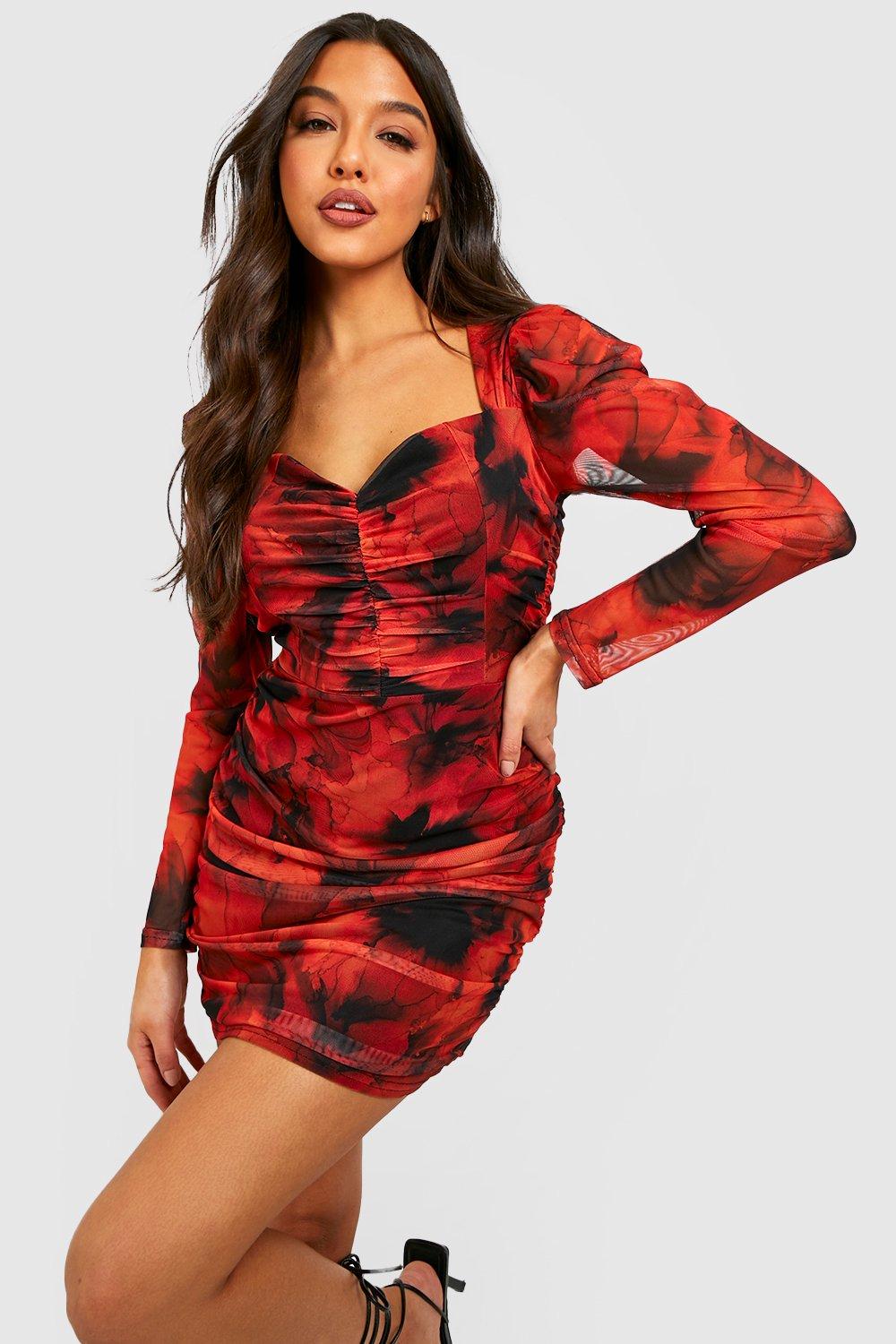 Printed Mesh Ruched Long Sleeve Dress