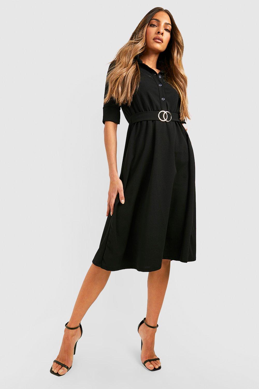 Black Short Sleeve Belted Midi Dress