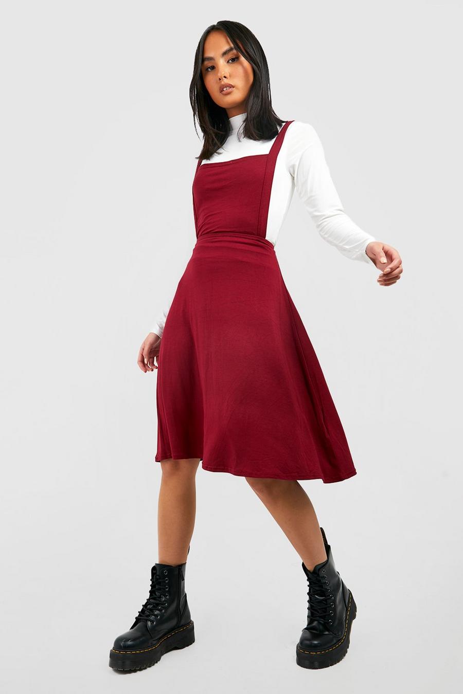 Berry red Square Neck Midi Pinafore Dress