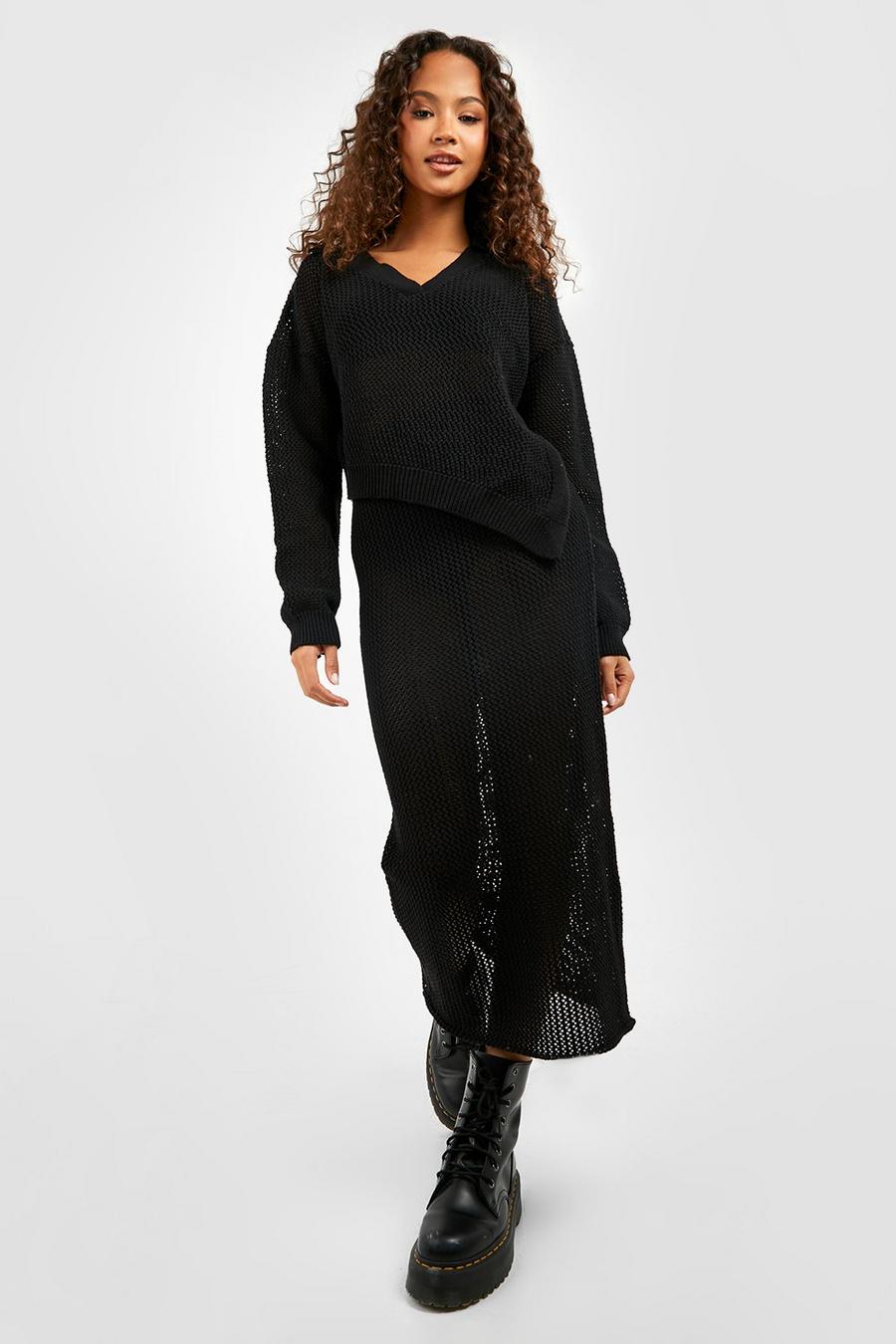 Black Asymmetric Crochet Maxi Knitted Co-ord image number 1