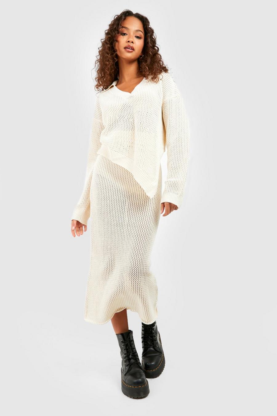 Ivory Asymmetric Crochet Maxi Knitted Co-ord image number 1